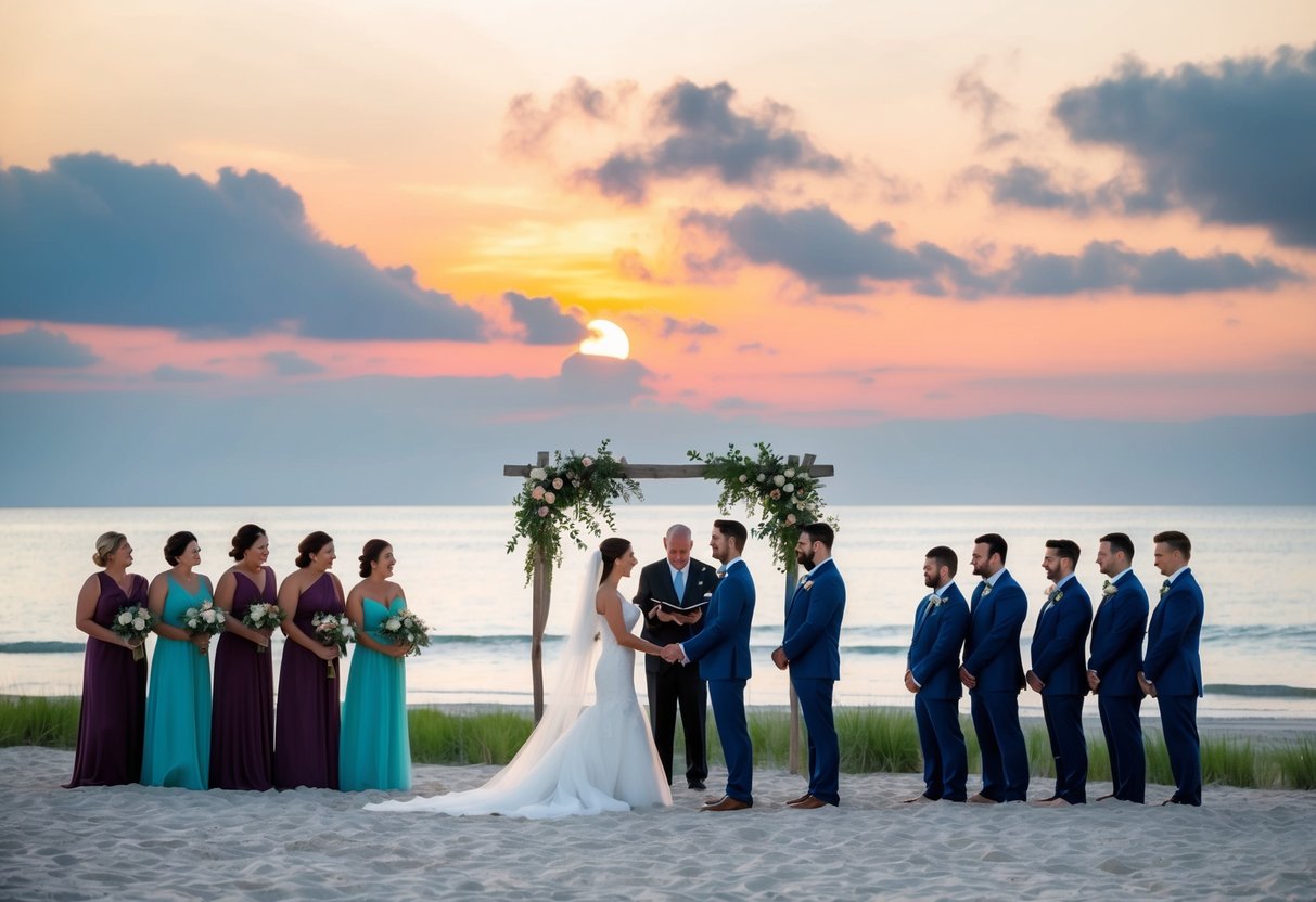 A serene beach with a distant wedding ceremony under a colorful sunset, with the bride and groom exchanging vows while surrounded by friends and family