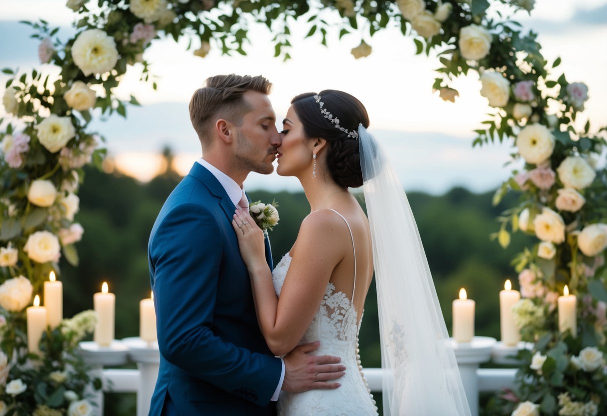 A bride and groom stand facing each other, surrounded by a circle of flowers and candles, as they lean in for a kiss