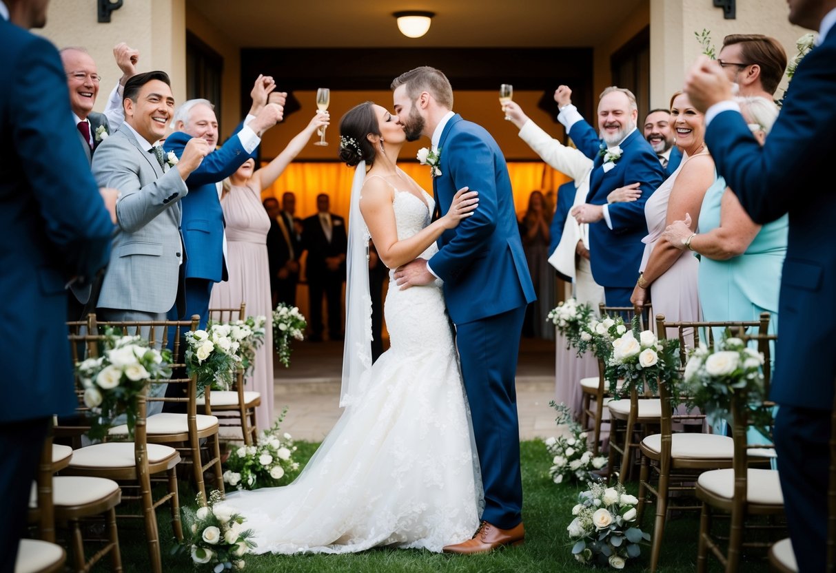 A bride and groom standing close, surrounded by cheering guests, leaning in for a kiss at the end of their wedding ceremony