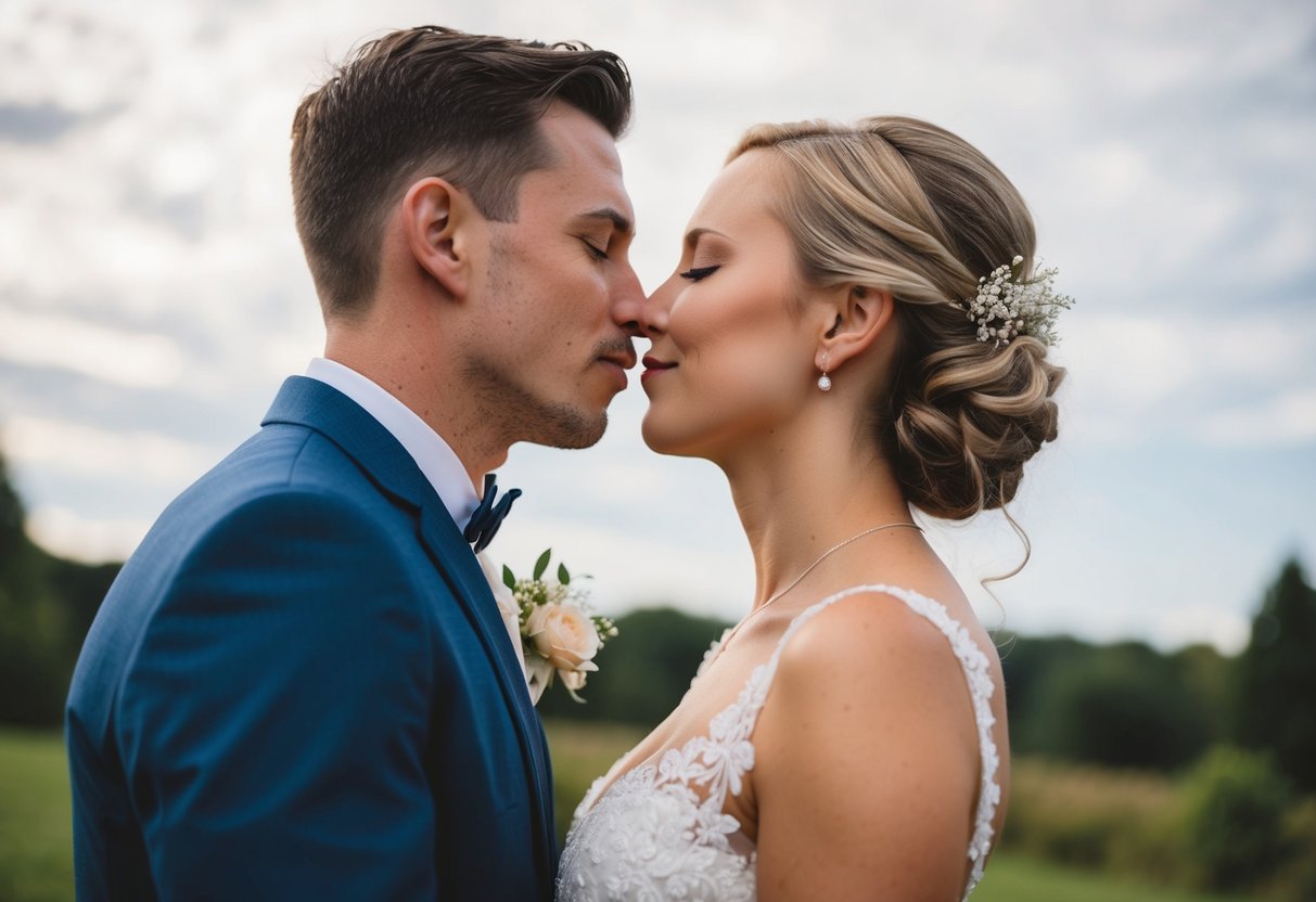 A bride and groom standing close, facing each other, with their eyes closed, leaning in for a gentle and tender kiss