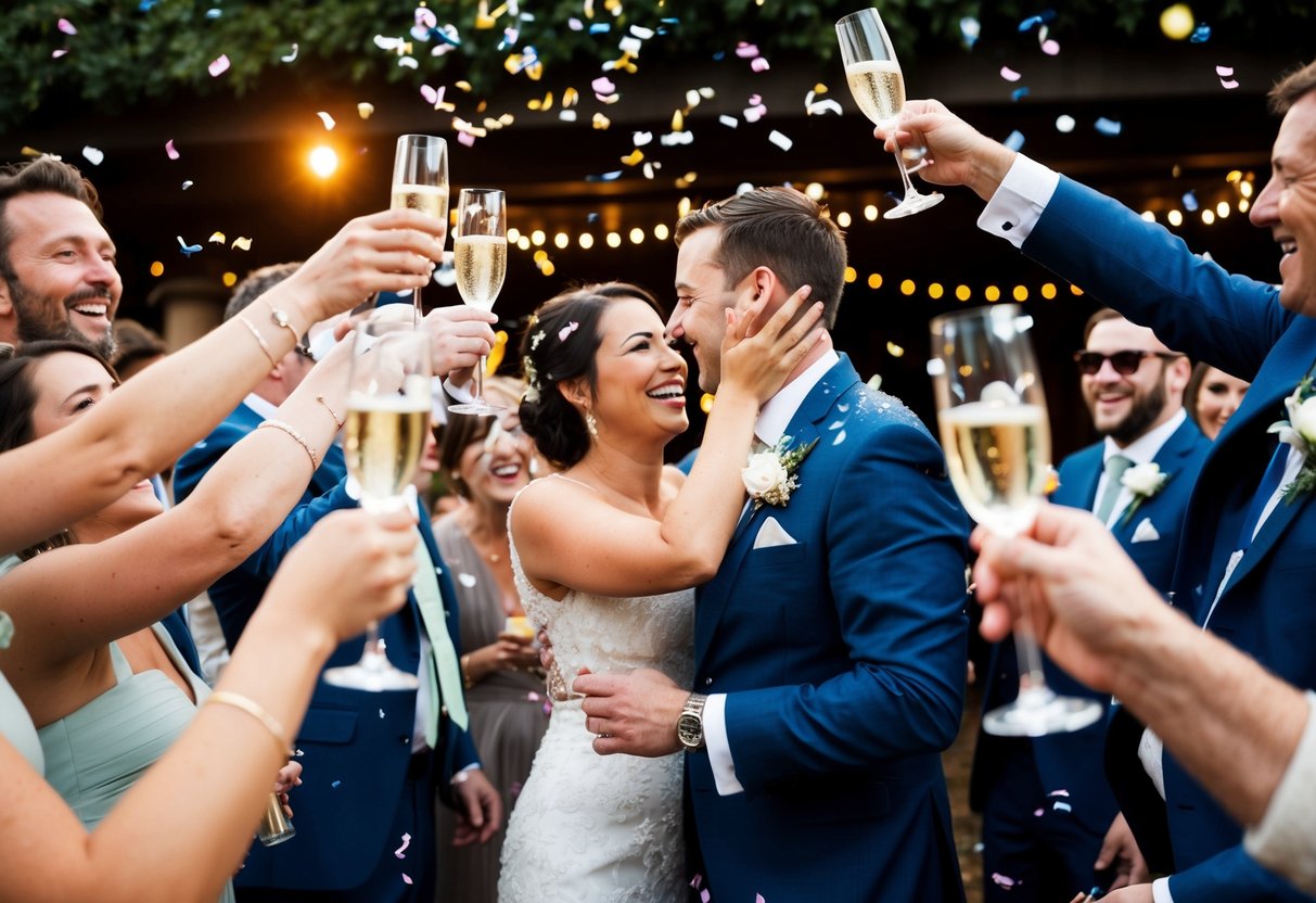 Guests raise champagne glasses amidst confetti and laughter. Music fills the air as the newlyweds embrace, surrounded by love and joy