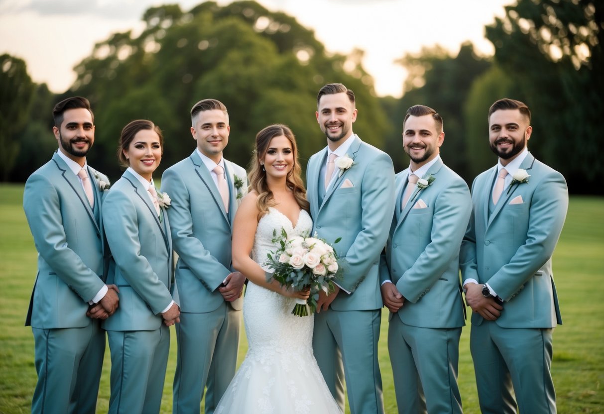 A group of wedding attendants standing together, with a female groomsman wearing a matching outfit and holding a bouquet