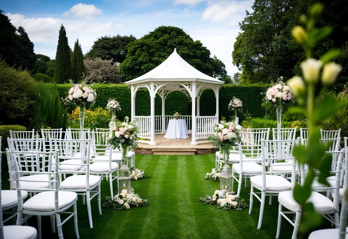 A picturesque outdoor wedding venue in the UK, with a lush green garden, elegant white chairs, and a beautiful gazebo adorned with flowers