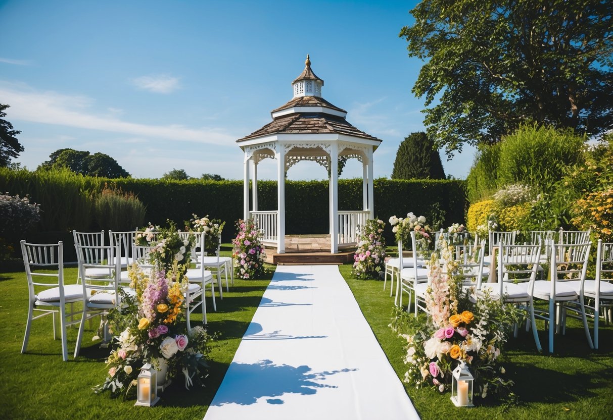 A picturesque outdoor wedding scene in the UK with colorful floral arrangements, elegant seating, and a charming gazebo, all surrounded by lush greenery and under a clear blue sky
