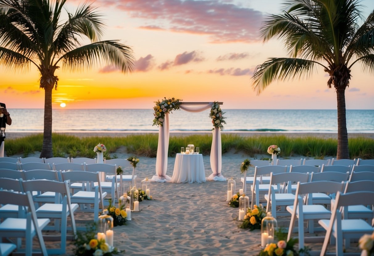 A serene beach wedding with a colorful sunset, palm trees, and a small wedding setup with chairs and an archway