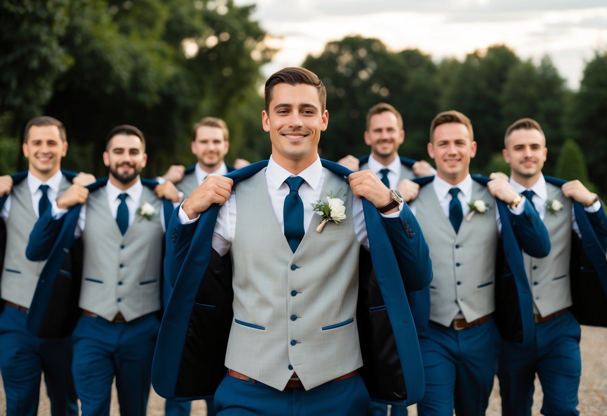 A group of groomsmen standing in a line, holding their jackets over their shoulders with confident and friendly expressions