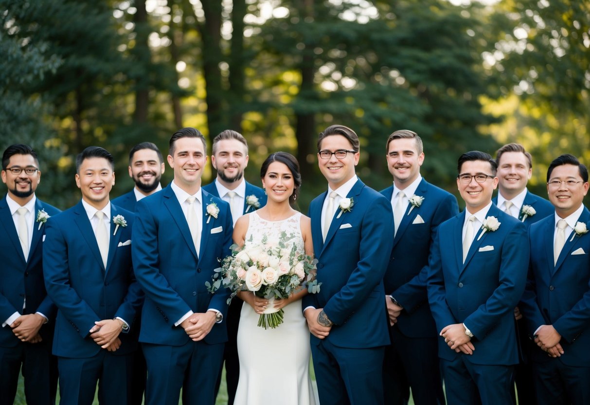 A group of formally dressed individuals standing together, with a few of them holding bouquets or boutonnieres