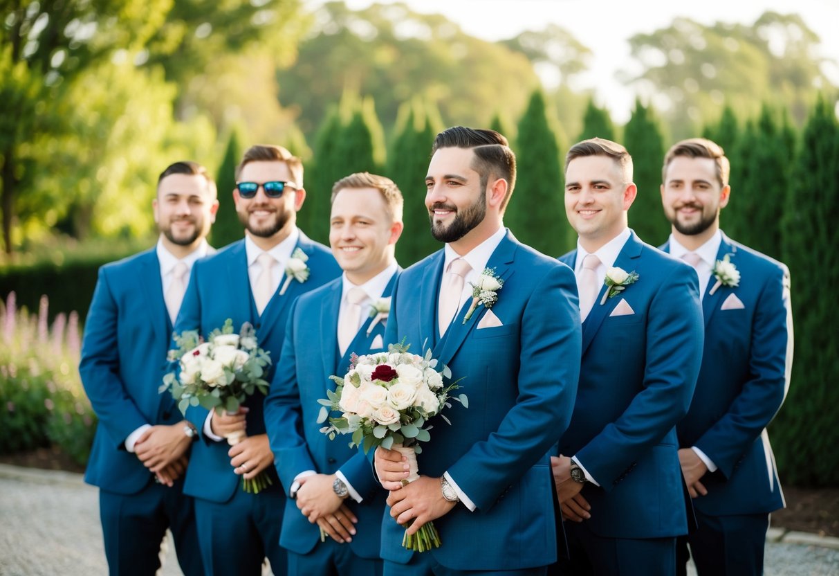 Groomsmen in traditional suits holding bouquets and standing next to the groom