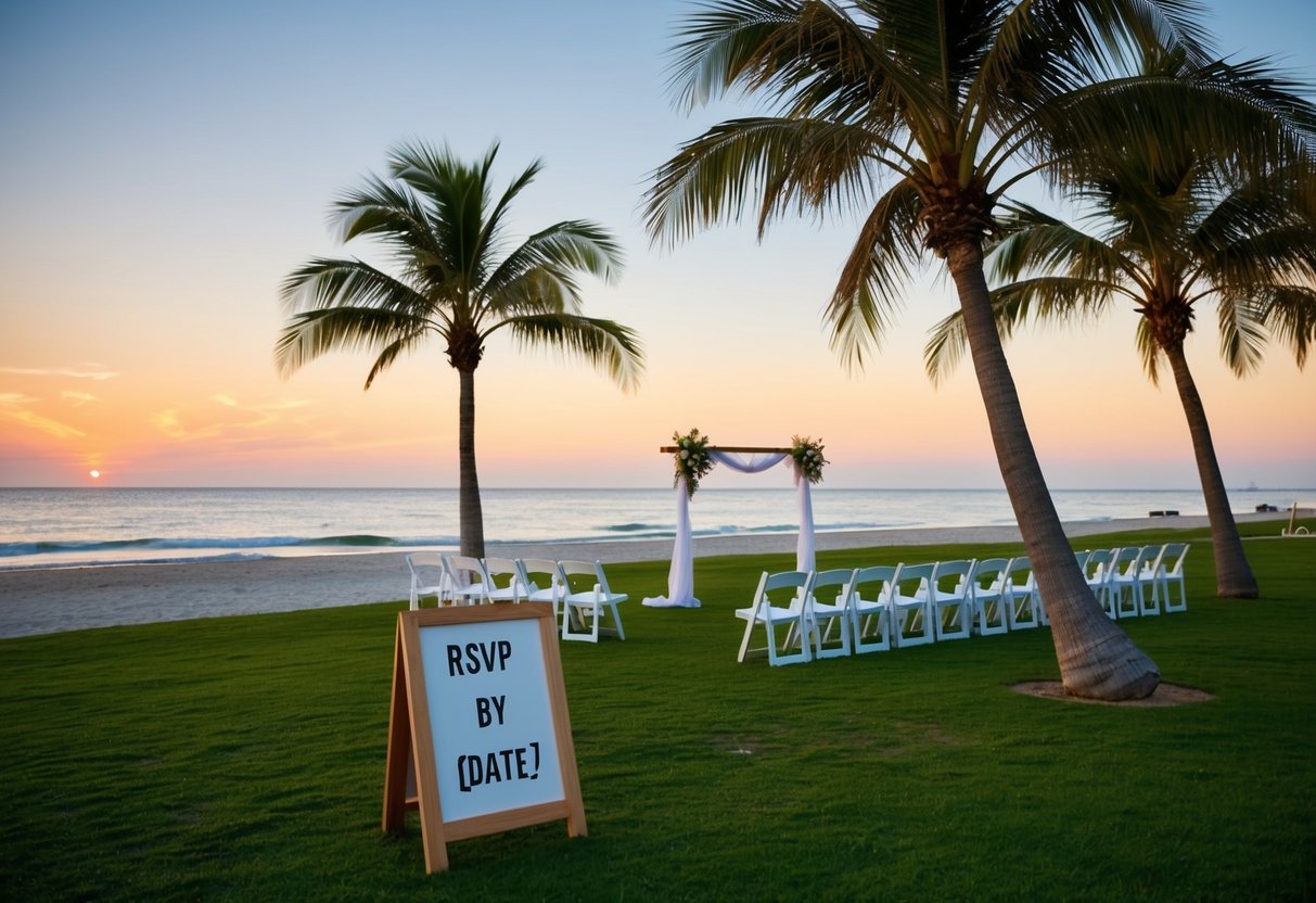 A beachfront wedding venue with palm trees and a sunset backdrop. A sign indicates "RSVP by [date]."