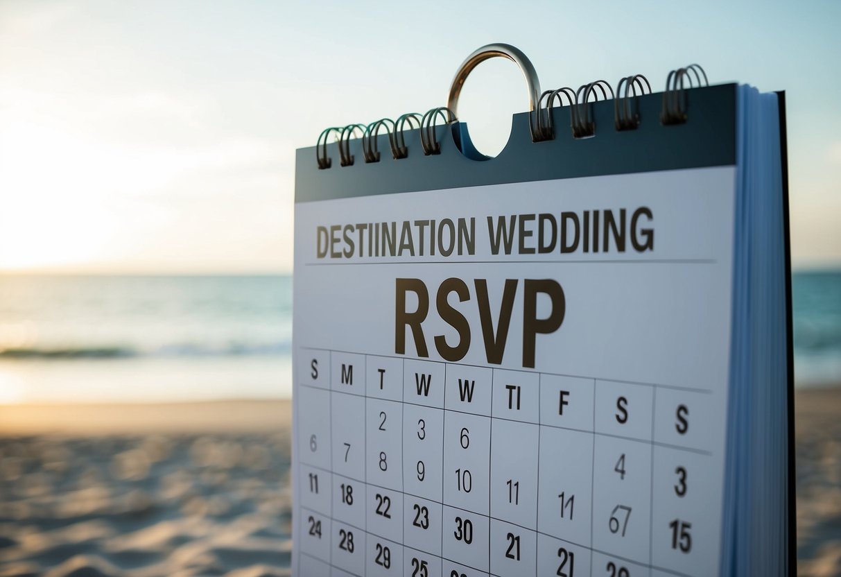 A calendar with a beach background, showing the date of the destination wedding and a highlighted RSVP deadline
