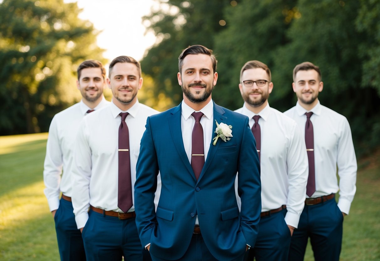A group of groomsmen standing together, one slightly apart, representing the absence of a best man