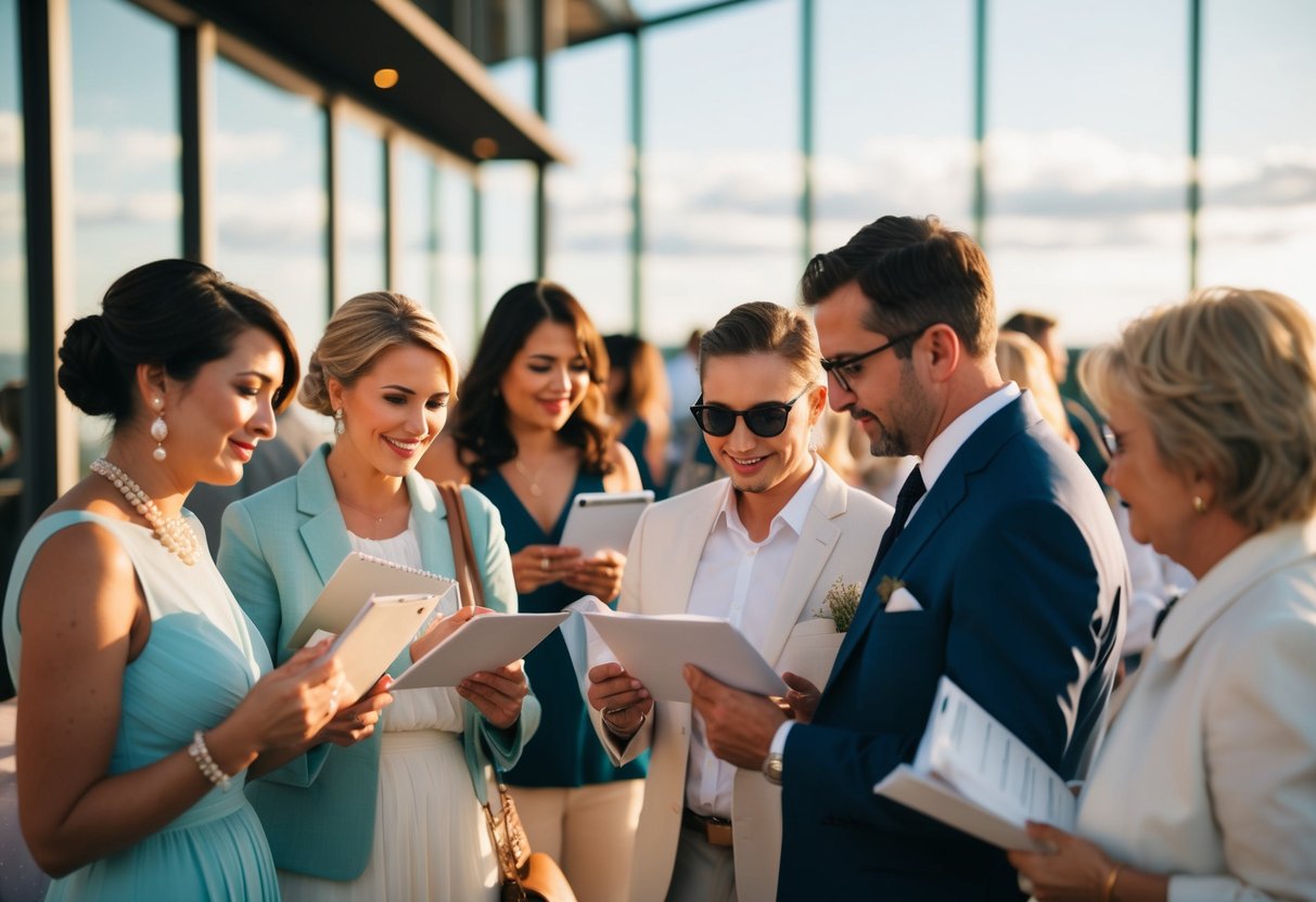 Guests checking their calendars and discussing travel plans for a destination wedding