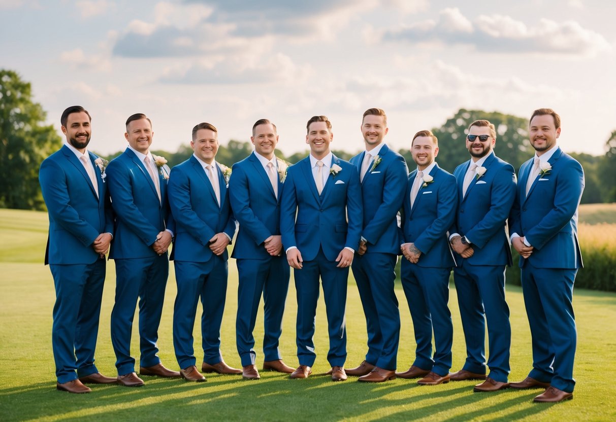 A group of groomsmen stand together, supporting the groom throughout the wedding planning process