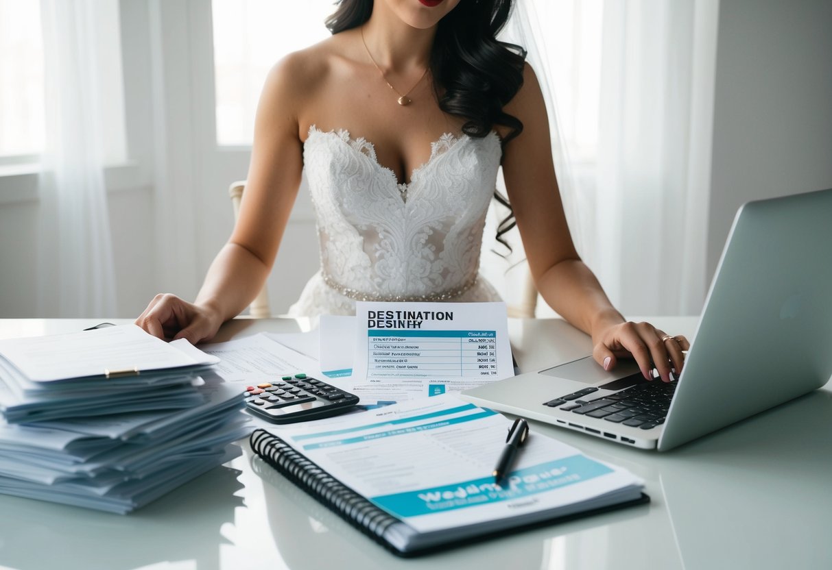 A bride sitting at a table, surrounded by paperwork and a laptop, calculating destination wedding expenses. A stack of bills and a wedding planner book are spread out in front of her