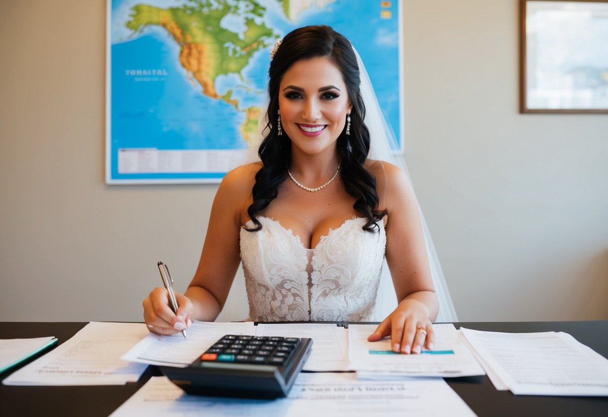 A bride sits at a table with a calculator, surrounded by paperwork and receipts. A map of a tropical destination hangs on the wall behind her