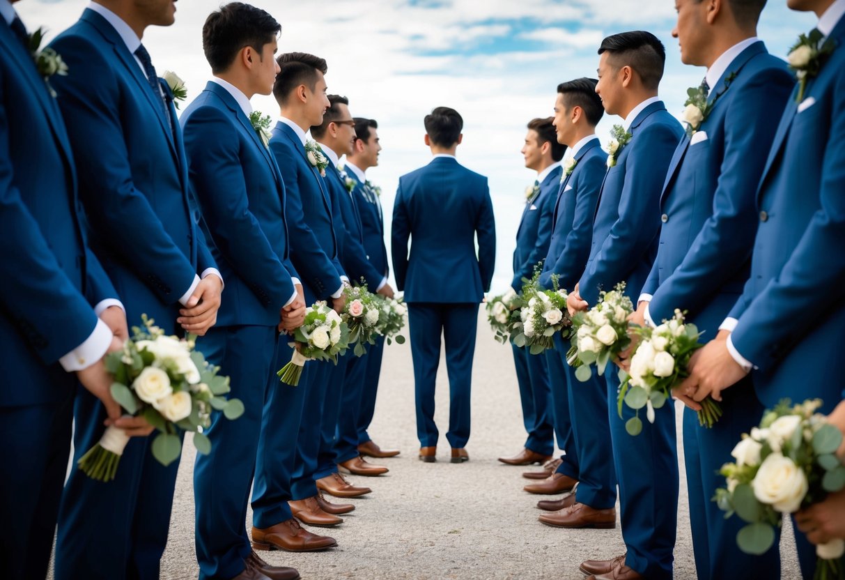 A group of suited figures stand in a line, holding bouquets or boutonnieres, facing a central figure