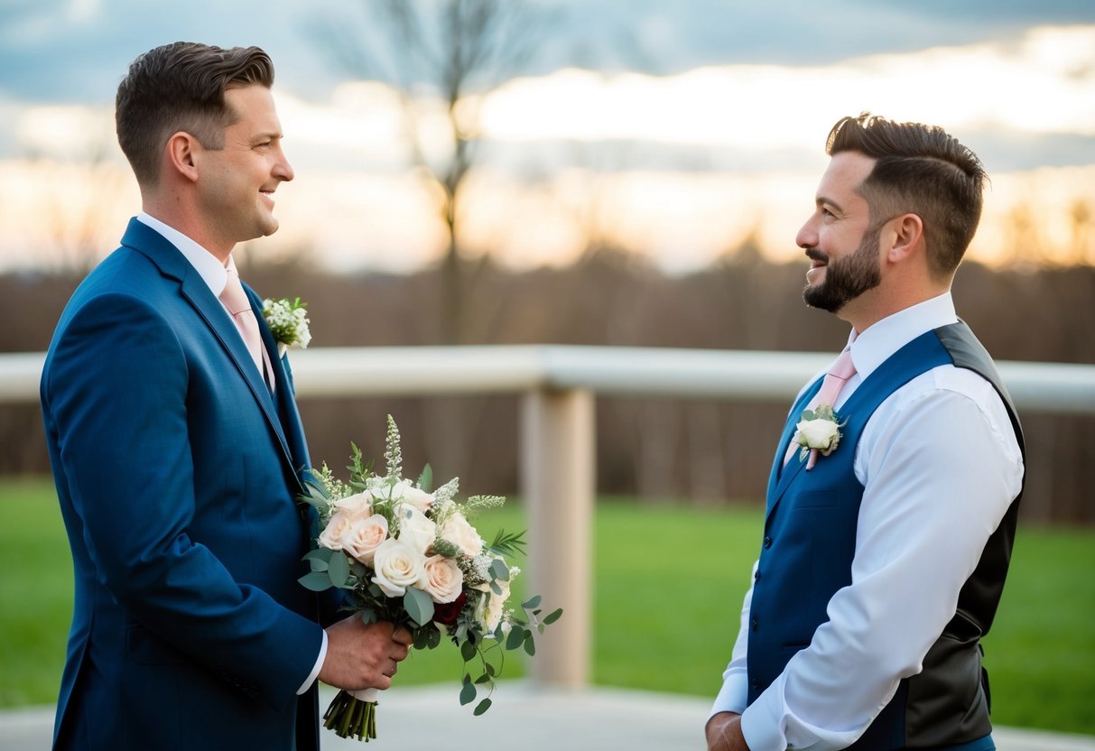 A groomsman standing beside the groom, holding a bouquet and offering support
