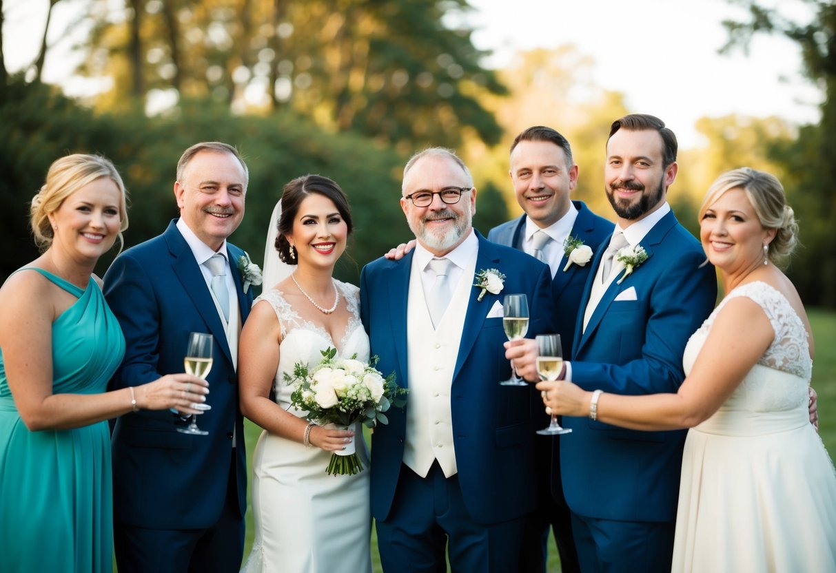 A group of figures in wedding attire, including a fatherly figure, standing together in a celebratory pose