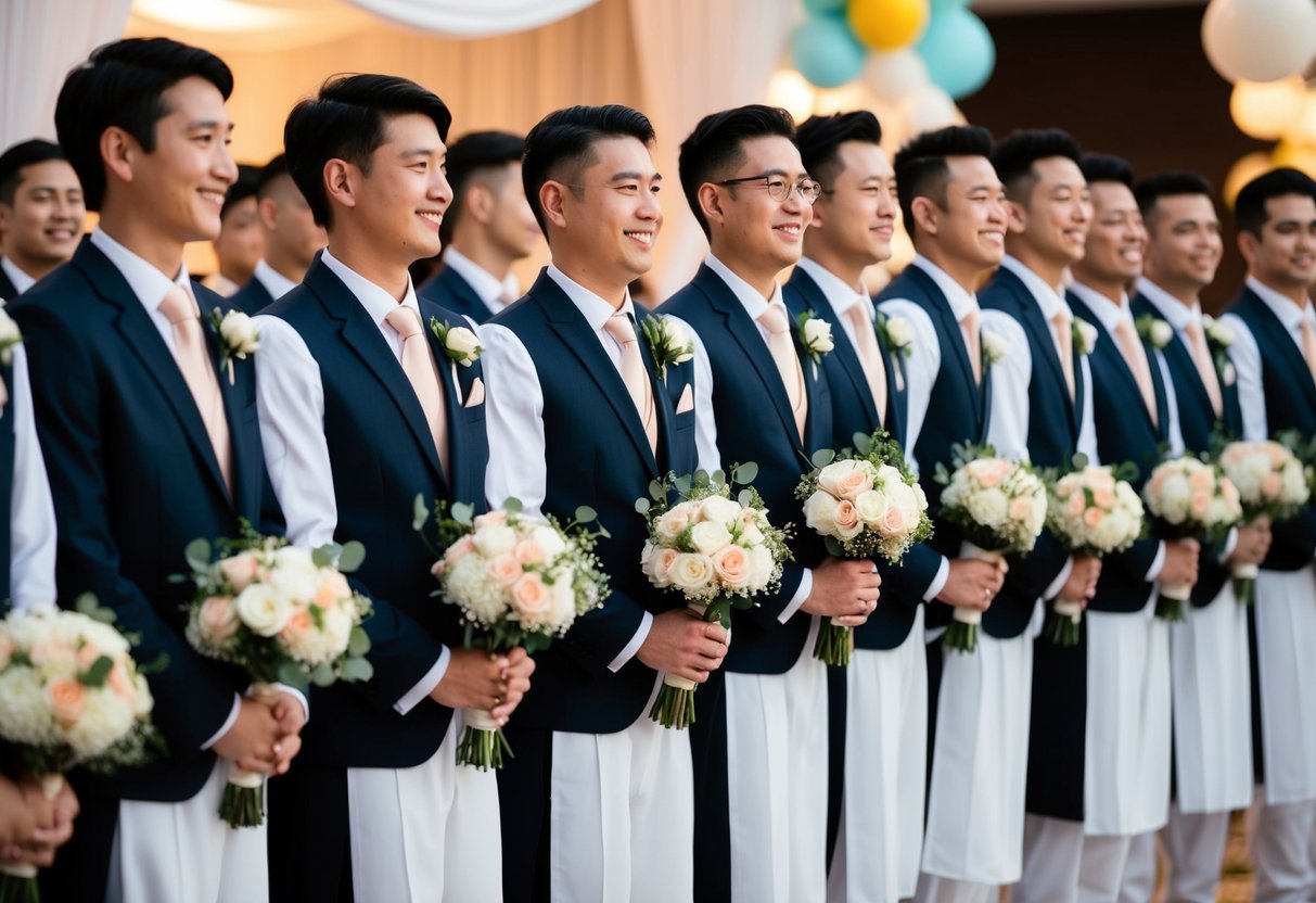 A group of men in formal attire stand in a line, holding bouquets and smiling. In the background, a mix of traditional and modern wedding decorations can be seen