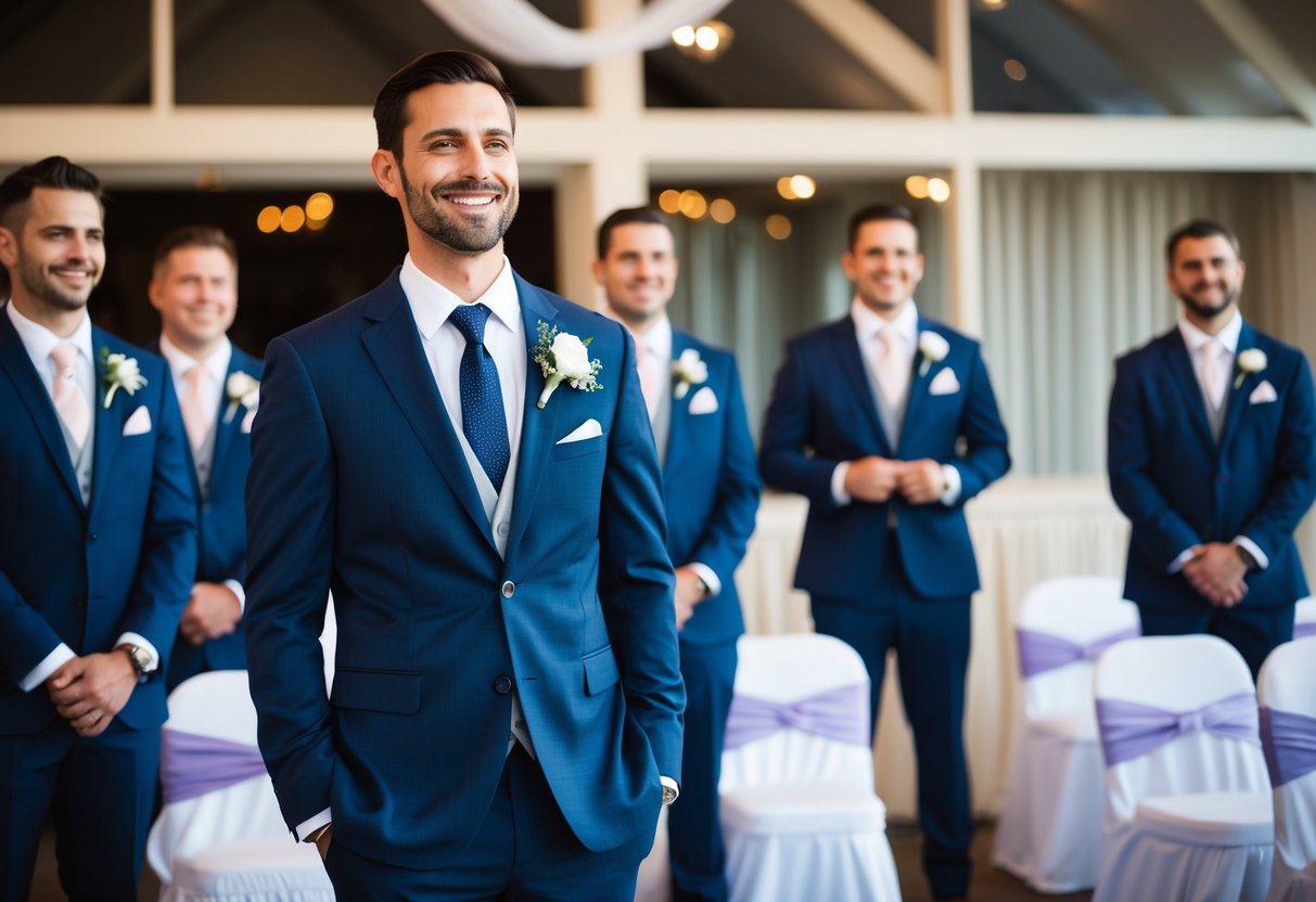 A man in a suit and tie, standing with a group of groomsmen, looking happy and proud. The setting is a wedding ceremony or reception