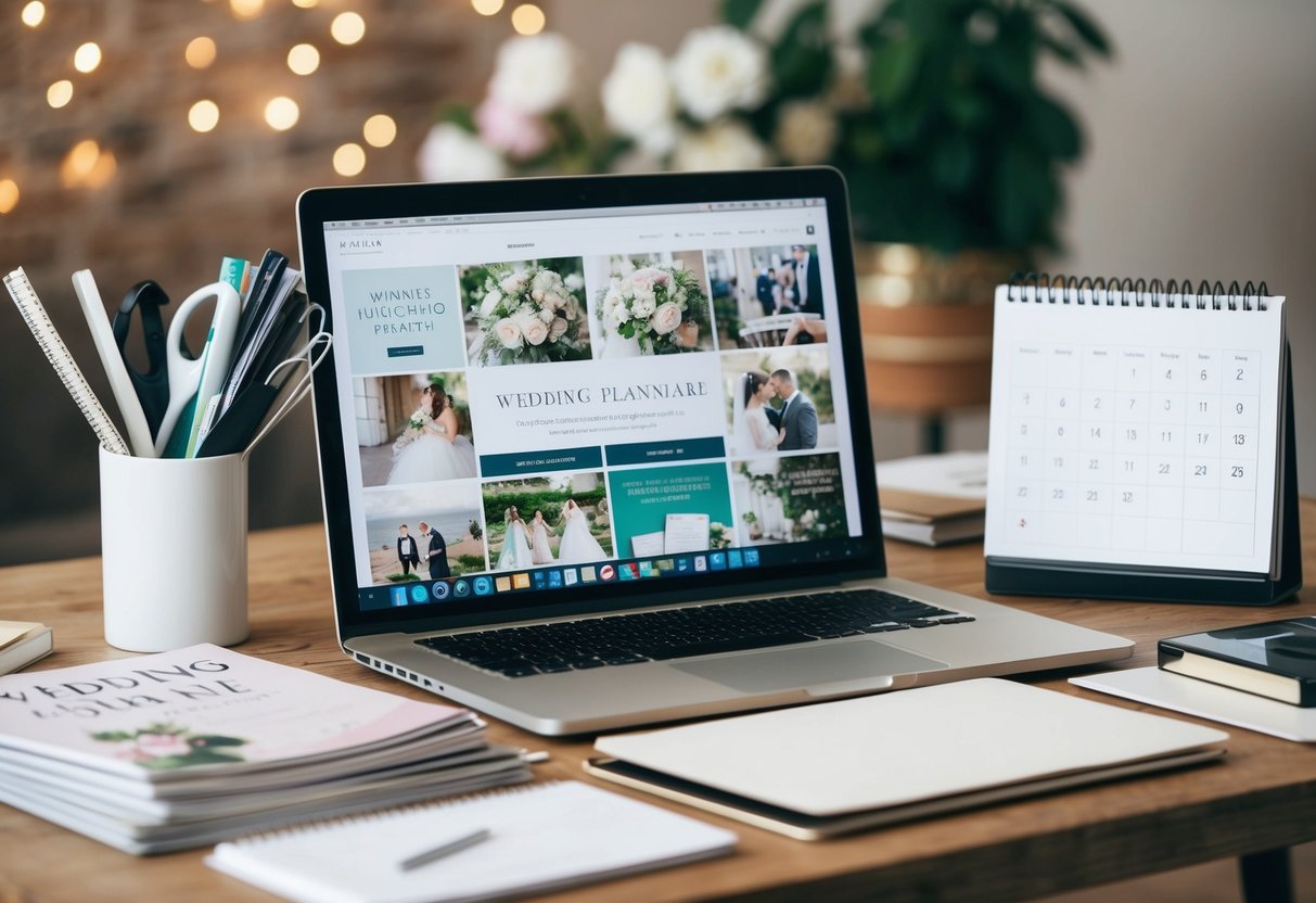 A cluttered desk with wedding magazines, a calendar, and a laptop open to a wedding planning website