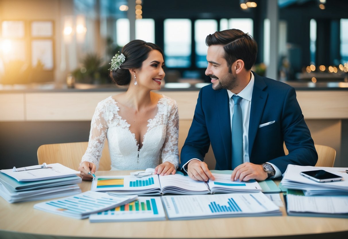 A couple sits at a table covered in wedding magazines and spreadsheets, calculating expenses and discussing their budget