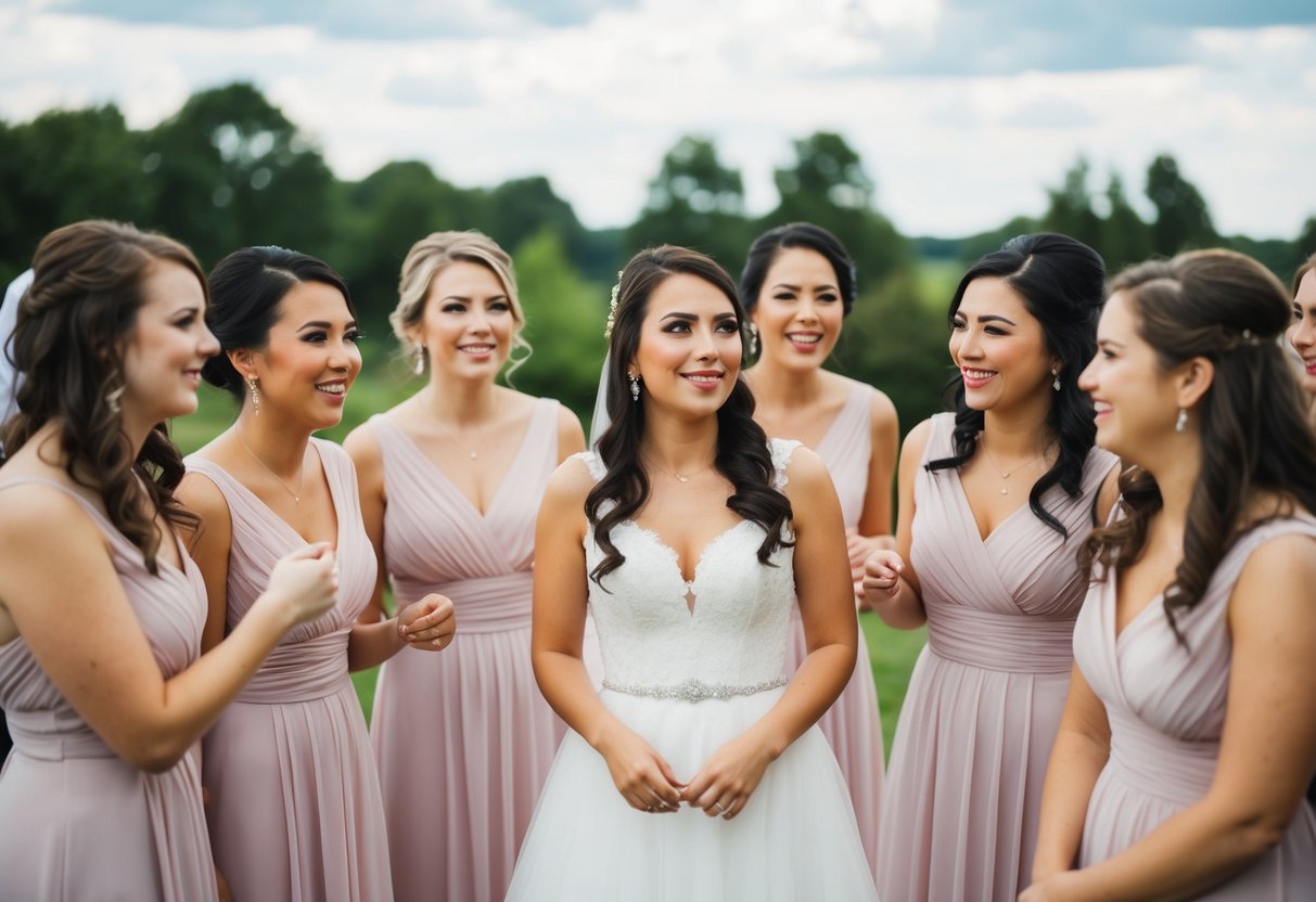 A group of bridesmaids standing in a circle, one woman looking hesitant while the others chat and laugh