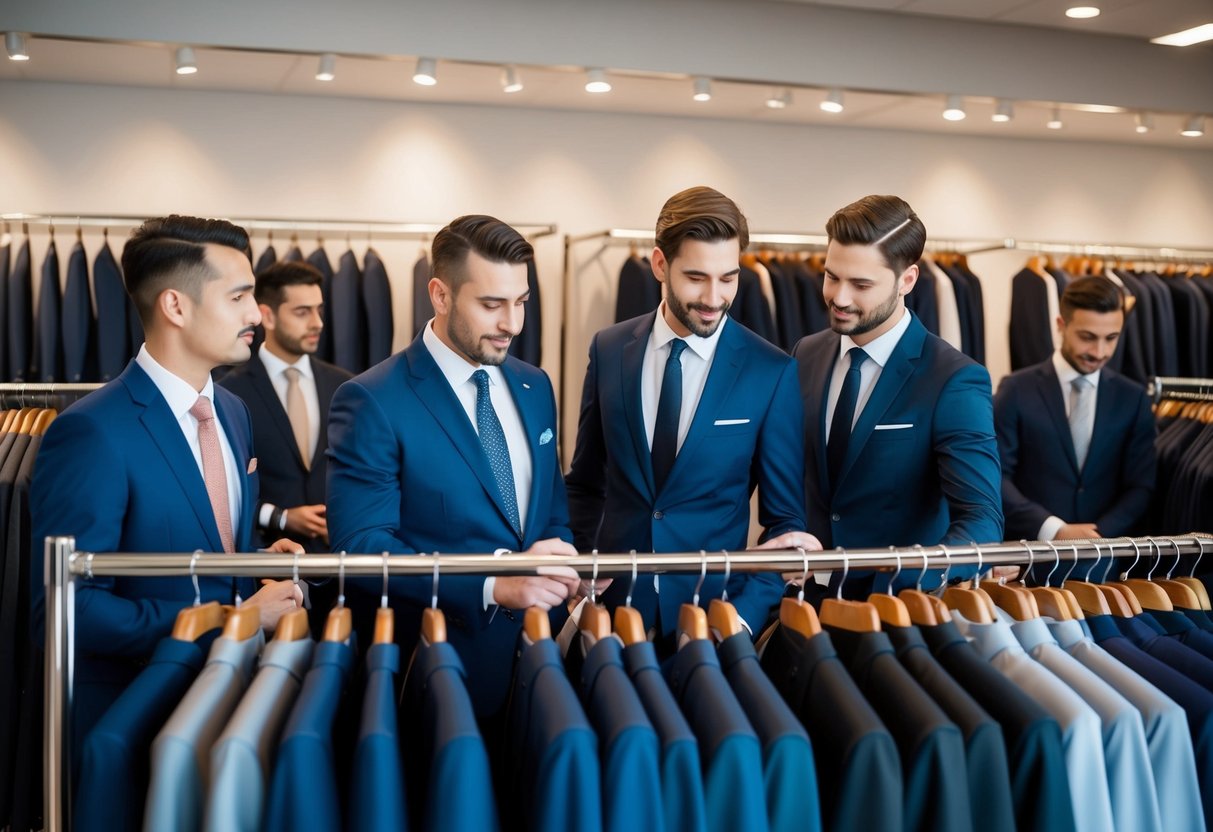 A group of men browsing through racks of suits in a formal wear store