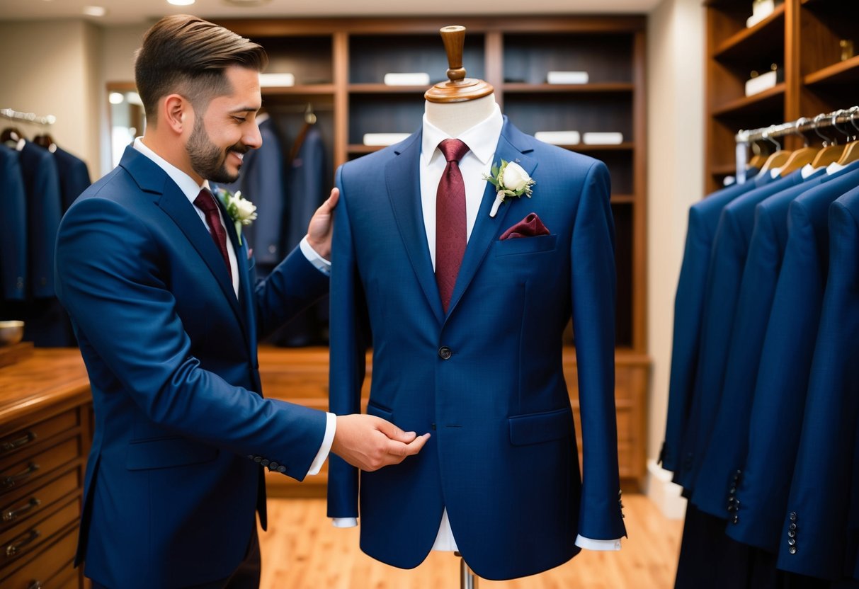 A groomsmen suit being purchased at a formal menswear store