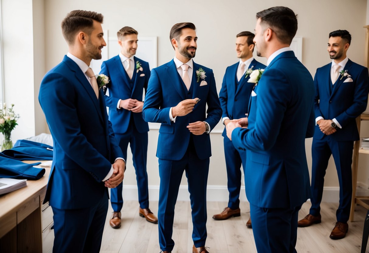A group of groomsmen standing in a tailor shop, trying on different suits while discussing the budget and planning for the upcoming wedding