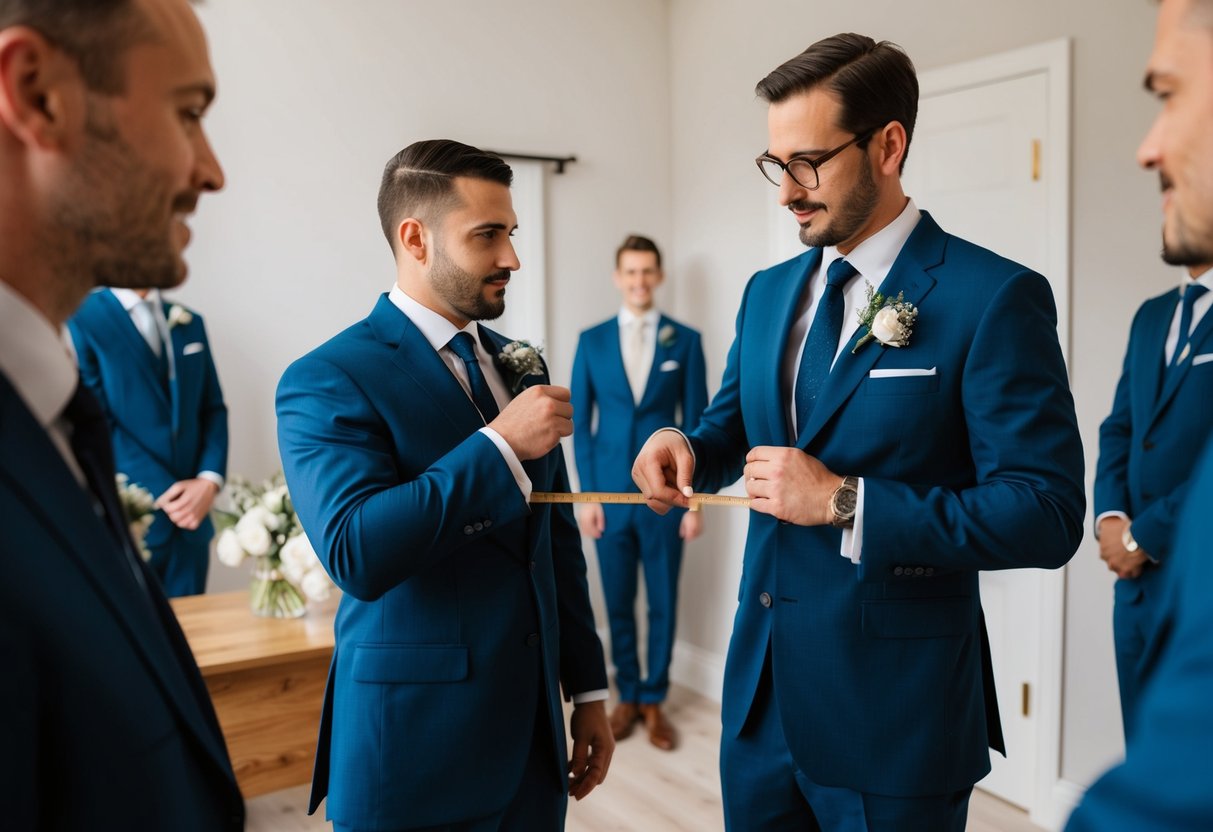 A tailor measures and fits groomsmen suits