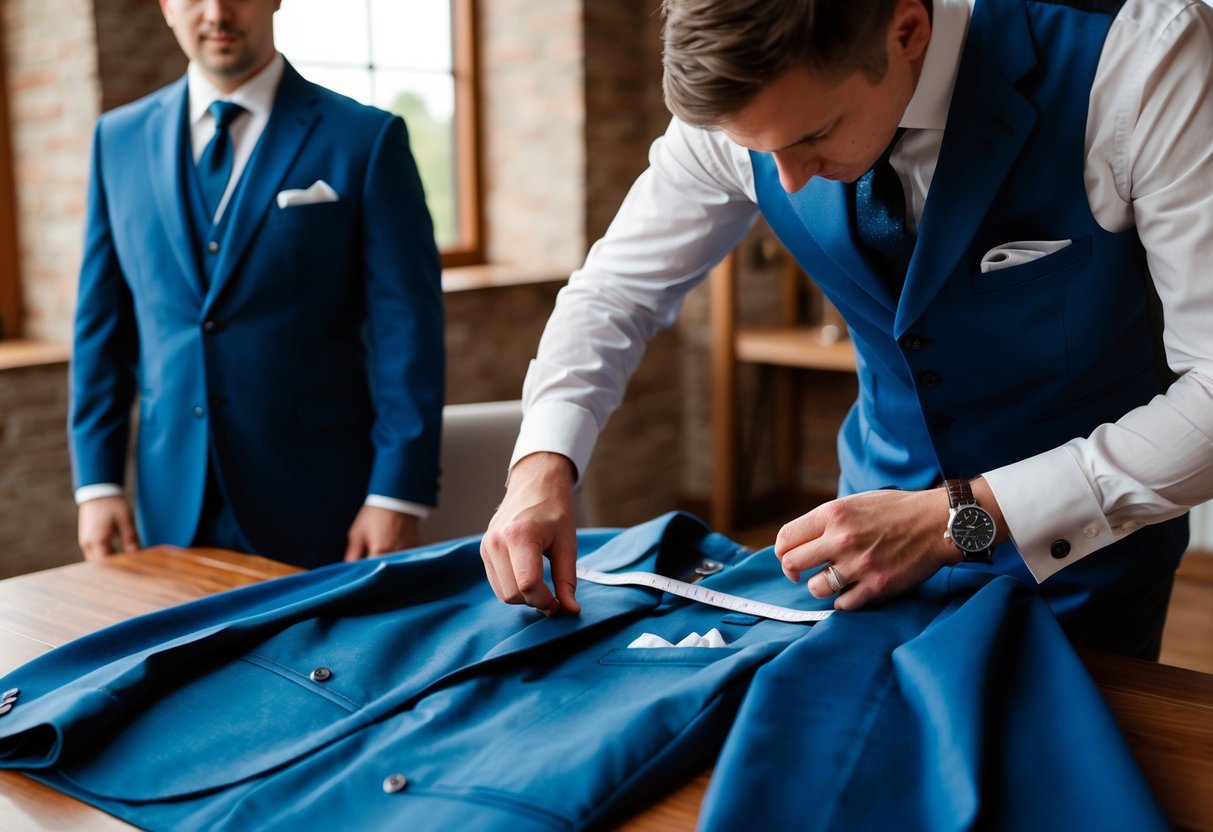 A tailor measuring suits for groomsmen