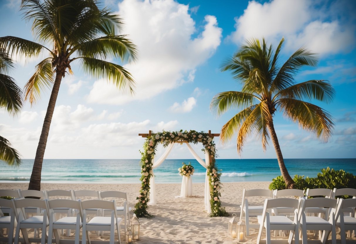 A tropical beach with a wedding arch and chairs, surrounded by palm trees and the ocean in the background