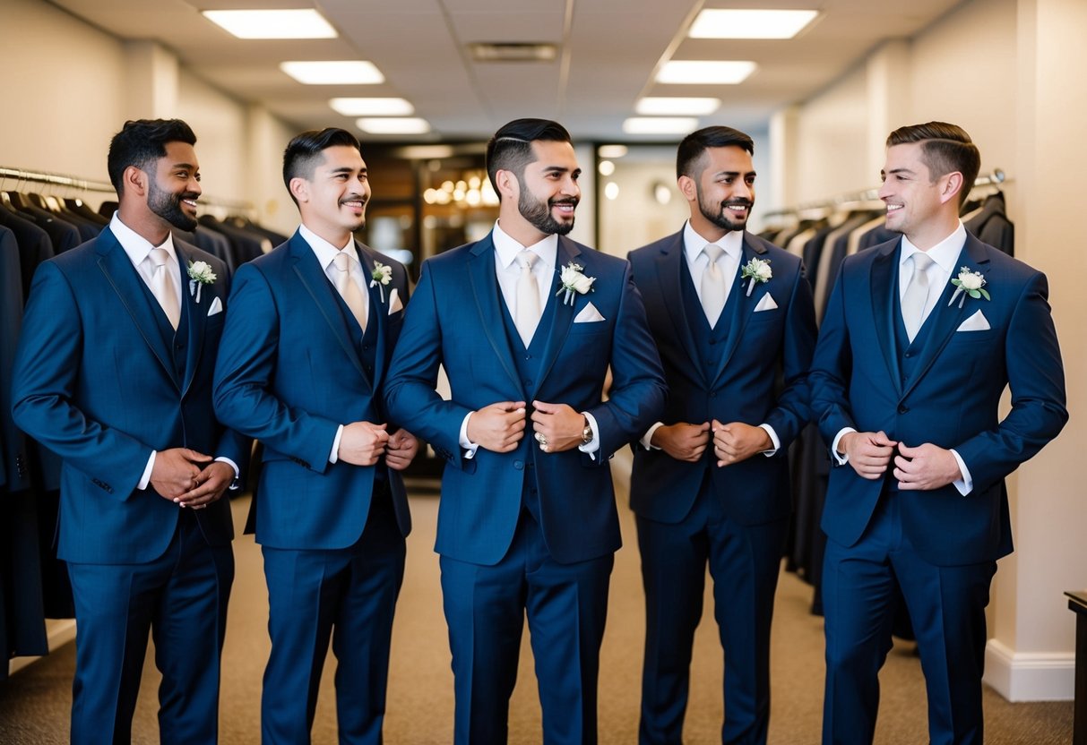 A group of groomsmen trying on suits at a formal wear shop