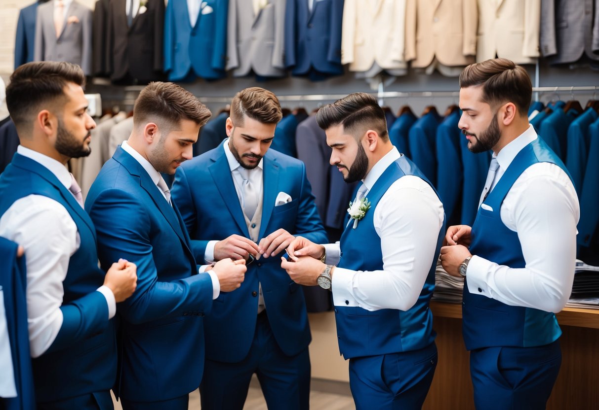 A group of groomsmen examining suits in a store, discussing the cost and style options with the salesperson
