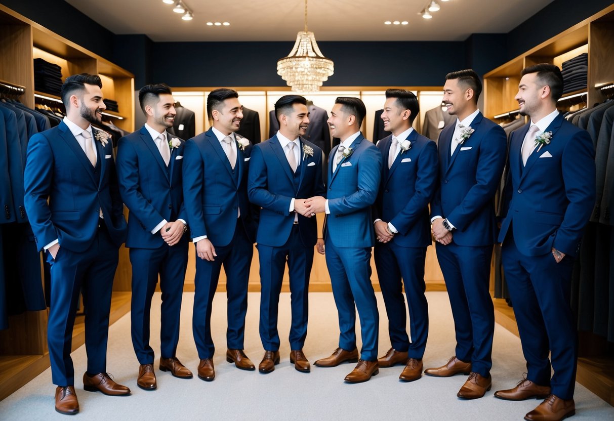A group of groomsmen stand together, admiring a display of tailored suits in a stylish menswear shop