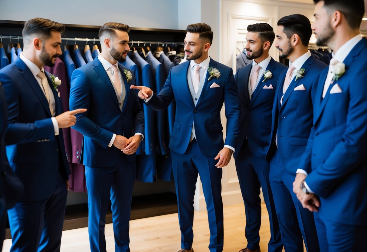 A group of groomsmen browsing through a selection of suits in a stylish menswear store. The groom points out different options while they discuss and try on various styles
