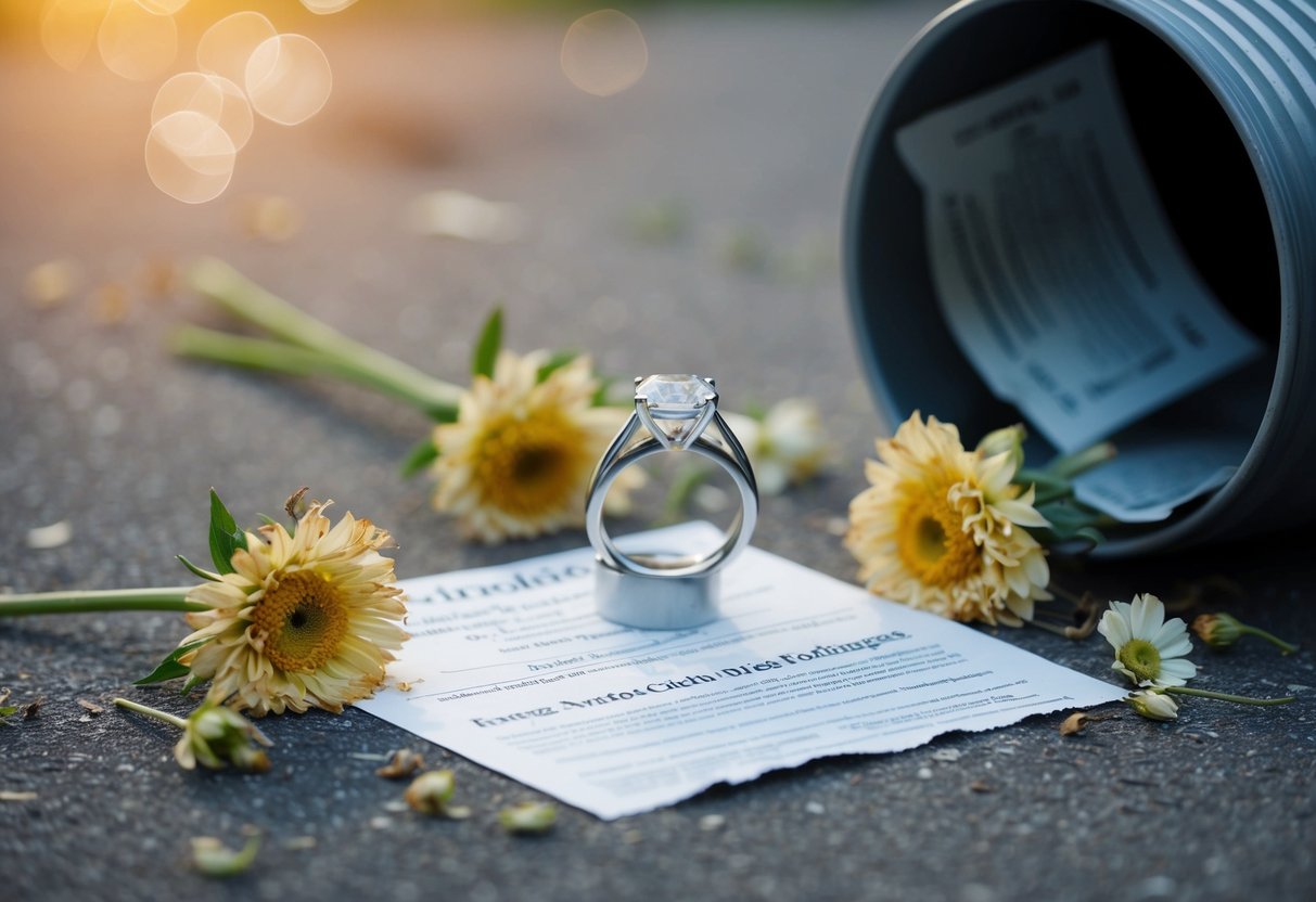 A wedding ring being tossed into a trash can, surrounded by wilted flowers and a torn marriage certificate