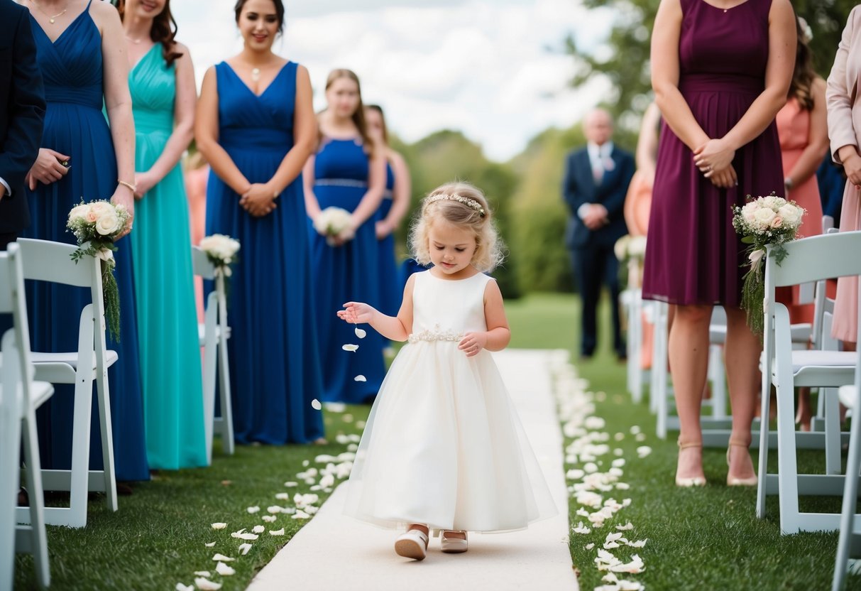 A flower girl scatters petals along the aisle ahead of the bridesmaids in the wedding processional