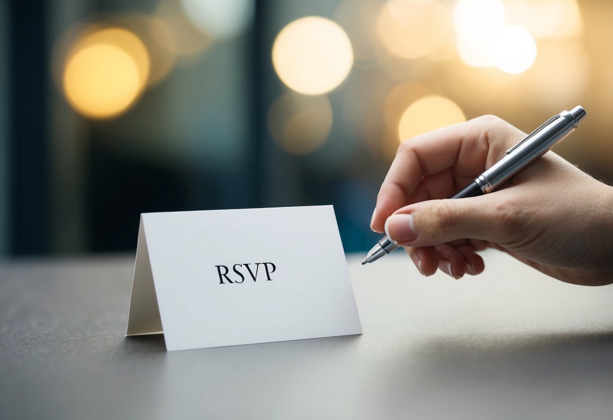 A hand reaching out to a blank RSVP card with a pen hovering over it