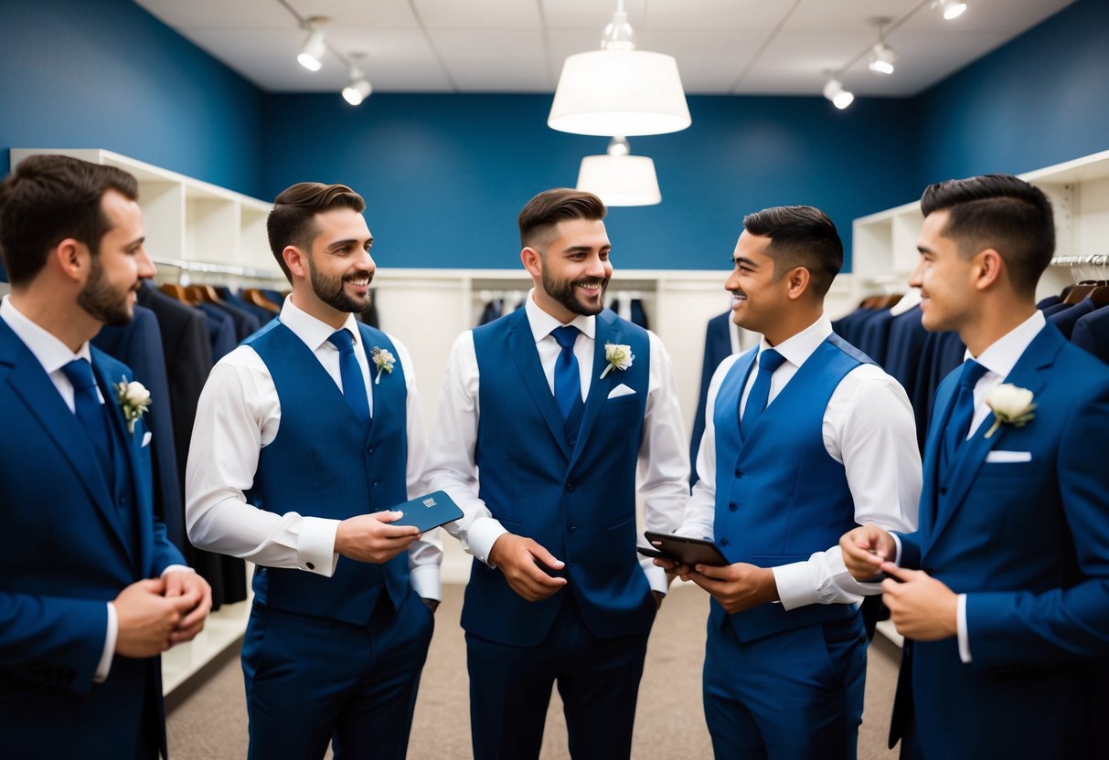 A group of groomsmen standing in a formalwear store, trying on different suits and discussing payment options with the salesperson