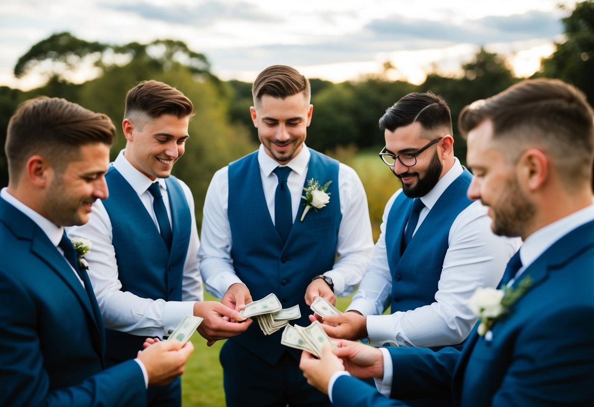 Groomsmen pooling money for expenses, including dresses