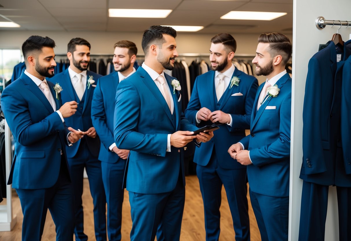 A group of groomsmen standing in a clothing store, trying on different suits and discussing payment for their attire