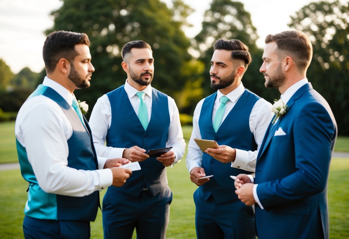 Groomsmen discussing finances and attire for a wedding