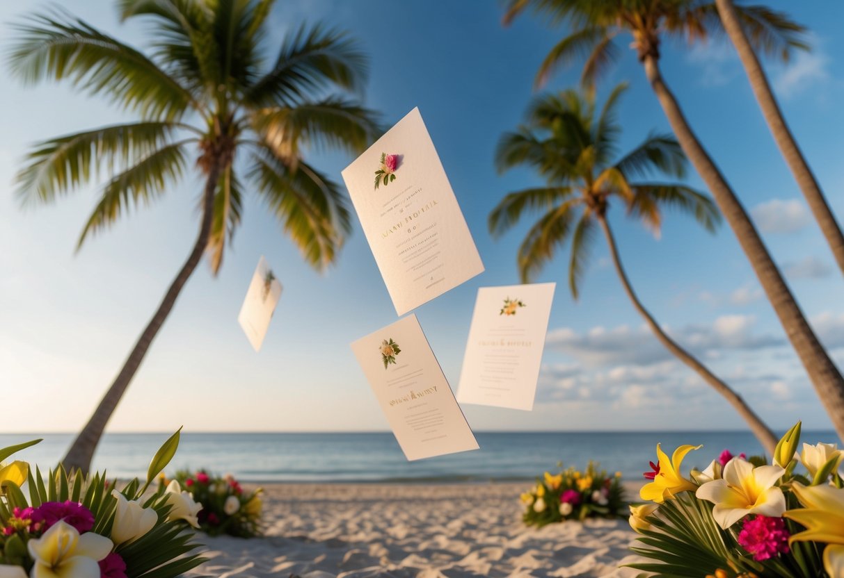 A beach with elegant wedding invitations floating in the breeze, surrounded by tropical flowers and palm trees