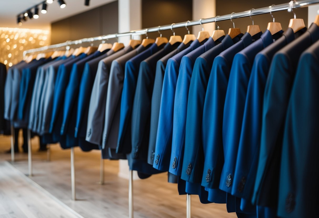 A row of neatly hung groomsmen suits in various sizes and colors, displayed in a well-lit boutique showroom
