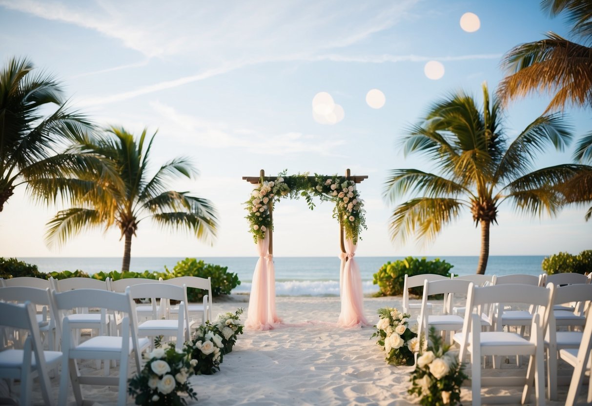 A serene beach setting with a wedding arch and chairs, surrounded by palm trees and the ocean in the background