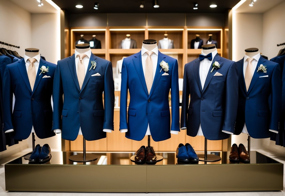 A group of stylish groomsmen suits on display in a high-end boutique