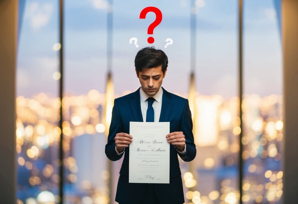 A person standing at a wedding invitation, looking uncertain, with a question mark hovering above their head