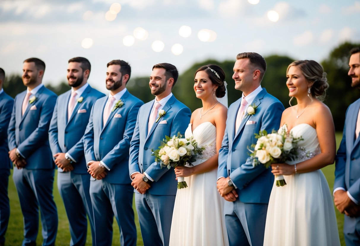 Groomsmen and bridesmaids in matching outfits stand in a line
